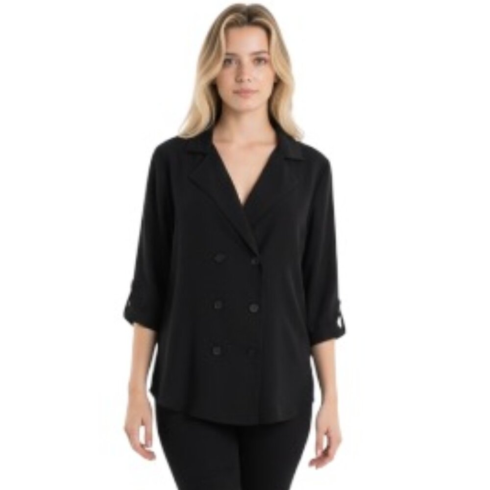 Pearl by Lela Rose Medium Navy Roll Tab Button Front Jacket EUC